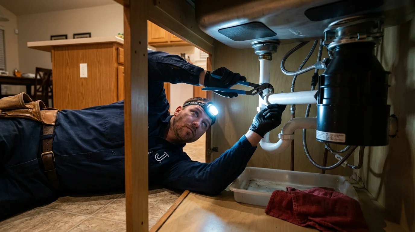 P-trap and supply line connections under a kitchen sink showing a common leak point in Chatham, IL